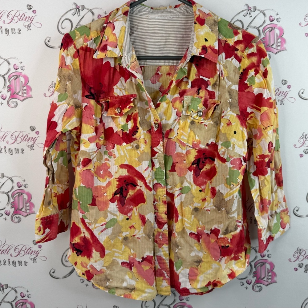 Button down long sleeve flowers abstract watercolor Floral Button-Up Women's Top